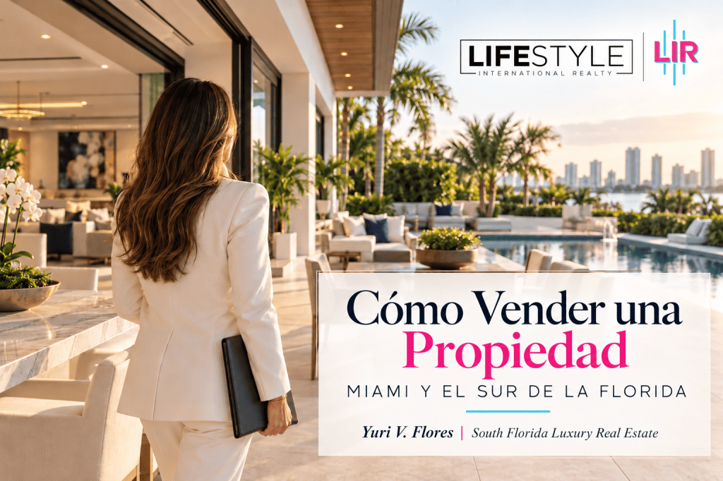 Agente inmobiliaria mostrando una propiedad en Miami y el Sur de la Florida con branding de Lifestyle International Realty.