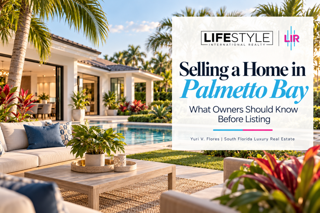 South Florida home with tropical landscaping and pool in Palmetto Bay, branded graphic for home sellers.
