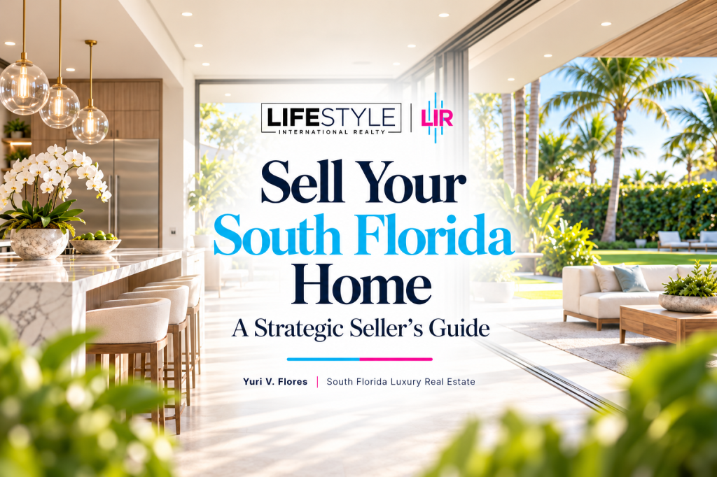 Modern South Florida kitchen and backyard featured in a seller strategy guide from Yuri V. Flores and Lifestyle International Realty.
