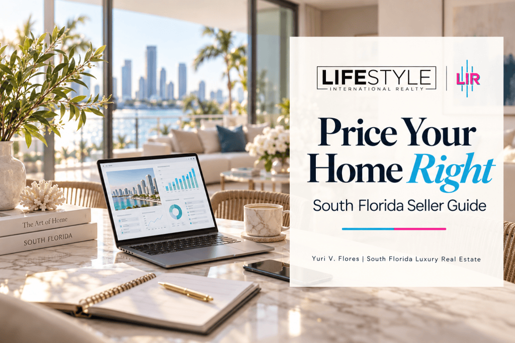 Luxury South Florida home pricing guide with a laptop showing market data, waterfront skyline view, and Lifestyle International Realty branding.