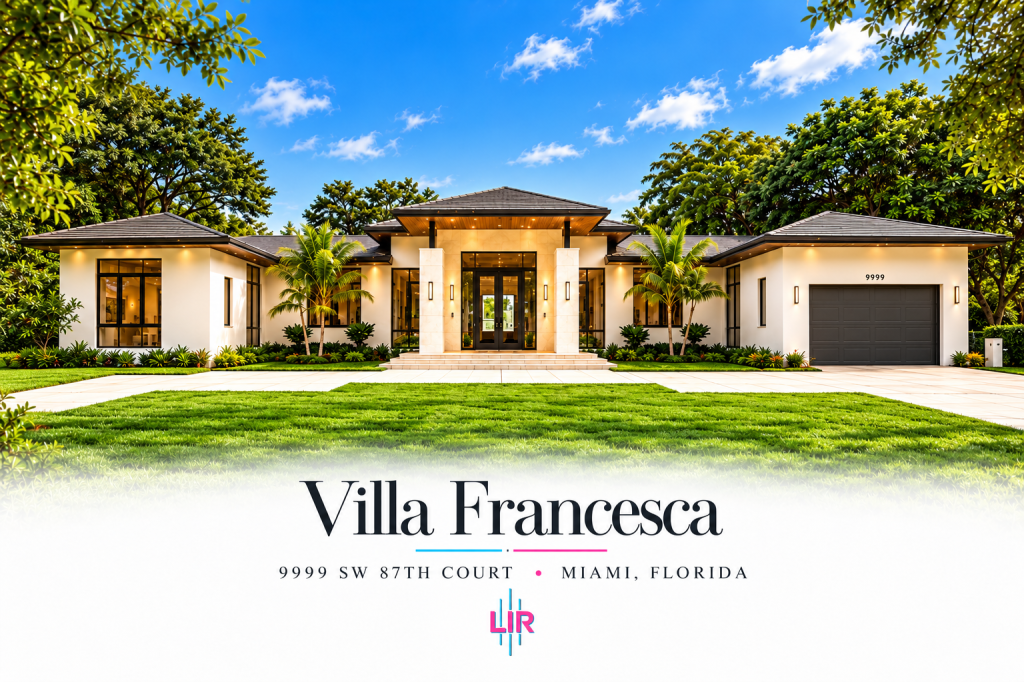 Villa Francesca luxury estate at 9999 SW 87th Court in Miami, featuring a modern exterior, tropical landscaping and front lawn