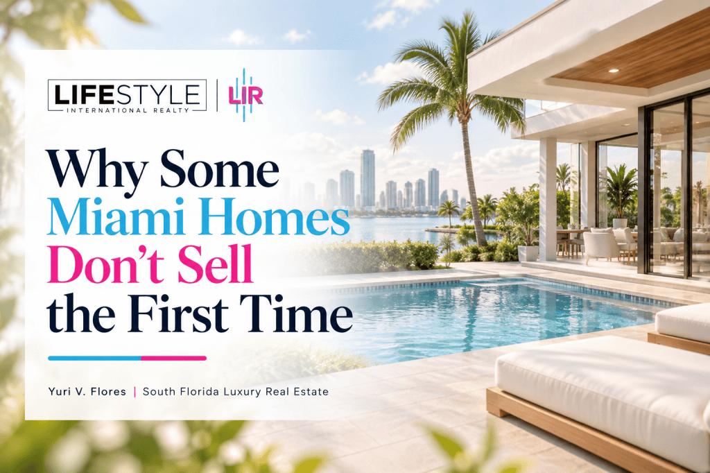 Miami home with pool and waterfront view used for an article about why some homes fail to sell the first time.